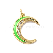 Moon Rack Plating Brass Micro Pave Cubic Zirconia Enamel Pendants, with Jump Rings, Cadmium Free & Lead Free, Long-Lasting Plated, Real 18K Gold Plated, Lime, 20.5x17.5x2mm, Hole: 3.5mm(KK-G504-06G-01)