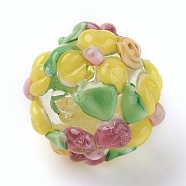 Handmade Lampwork Beads, Rondelle with Flower, Bumpy, Yellow, 14~15x12~13mm, Hole: 1.5~1.8mm(X-LAMP-P051-H05)
