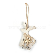 Wooden Pendant Decorations with Bell, Hemp Rope Christmas Tree Hanging Ornament, Deer, 100x80x10mm(XMAS-PW0001-173A)