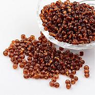 6/0 Round Silver Lined Round Hole Glass Seed Beads, Brown, 4mm, Hole: 1.5mm, about 496pcs/50g(X-SEED-A005-4mm-53)