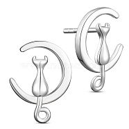 SHEGRACE Unique Design Rhodium Plated 925 Sterling Silver Stud Earrings, Half Hoop Earrings, with Kitten and Moon, Platinum, 18.14x13mm(JE395B)