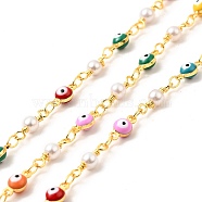 Enamel Evil Eye Link Chains, with Imitation Pearl Beaded & Brass Findings, Soldered, Real 18K Gold Plated, with Spools, Colorful, 4.5x9.5x4mm, 13x4mm(CHC-C003-21G-06)