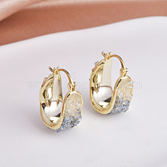 U-Shaped Brass & Glass Chips Hoop Earrings for Women, Real 14K Gold Plated, 23x11mm(EJEW-G391-03G)