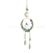Wire Wrapped Natural Green Aventurine Chips & Brass Ring Pendant Decorations, with Glass Teardrop & Cone Pendant, 270~280mm(HJEW-TA00102-03)