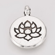 Tibetan Style Alloy Pendants, Flat Round with Lotus, Cadmium Free & Lead Free, Antique Silver, 19.5x15x2mm, Hole: 1mm, about 540pcs/1000g(TIBE-T011-111AS-LF)