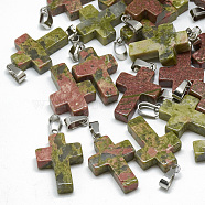 Natural Unakite Pendants, with Stainless Steel Snap On Bails, Cross, 29~30x18~19x5~6mm, Hole: 6x4mm(G-T080-08)
