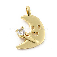 Moon with Smiling Face Brass Micro Pave Clear Cubic Zirconia Pendants, Cadmium Free & Lead Free, Golden, 17x13x2.5mm, Hole: 1.6mm(KK-G425-07G)