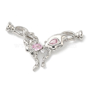 Rack Plating Brass Pave Clear Cubic Zirconia Fold Over Clasps, with Pink Glass, Cadmium Free & Lead Free, Long-Lasting Plated, Butterfly, Platinum, Butterfly: 22x25x7mm, Clasp: 13x7x6mm, Inner Diameter: 4mm(KK-E084-01P)