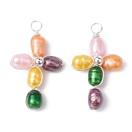 Dyed Natural Cultured Freshwater Pearl Pendants, Eco-Friendly Copper Wire Wrapped Cross Charms, Colorful, Silver, 32~33x18~19x7mm, Hole: 3.2mm(PALLOY-JF02230-02)
