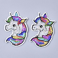 Computerized Embroidery Cloth Iron On Patches, with Paillette, Costume Accessories, Appliques, Unicorn, Colorful, 67x43.5x1.5mm(X-FIND-T030-104)