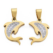 201 Stainless Steel Pendants, with Crystal Rhinestone and Stainless Steel Snap On Bails, Dolphin, Golden, 22x16x3mm, Hole: 4x8mm(STAS-N095-037G)