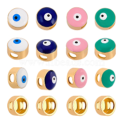 SUPERFINDINGS 16Pcs 4 Colors Eco-Friendly Rack Plating Brass Enamel Slide Charms,  Long-Lasting Plated, Lead Free & Cadmium Free, Real 18K Gold Plated, Flat Round with Evil Eye, Mixed Color, 8.5x6mm, Hole: 2x3.5mm, 4pcs/color(KK-FH0004-28)