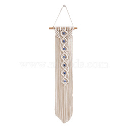 Cotton Cord Macrame Woven Tassel Wall Hanging, with  Resin Evil Eyes, Boho Style Hanging Ornament with Wood Sticks, for Home Decoration, Floral White, 650x200mm(PW23060700090)