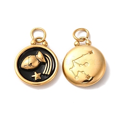 Ion Plating(IP) 304 Stainless Steel Enamel Pendants, with Jump Ring, Flat Round with Constellation, Golden, Aquarius, 20.5x17x2.5~3.5mm, Hole: 4x6mm(STAS-A080-43G-10)