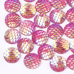 Resin Cabochons, AB-Color, Flat Round with Mermaid Fish Scale, Deep Pink, 12x3mm(CRES-Q207-12mm-03)