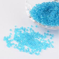 12/0 Glass Seed Beads, Transparent, Round, Deep Sky Blue, 2mm, Hole: 1mm, about 3100pcs/50g(X-SEED-A004-2mm-3B)
