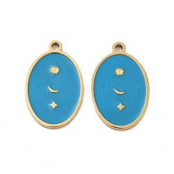 Ion Plating(IP) 316 Surgical Stainless Steel Pendants, Nickel Free, with Enamel, Oval with Sun & Star & Moon Charm, Real 18K Gold Plated, Deep Sky Blue, 21x13x1.5mm, Hole: 1.6mm(STAS-U014-45G)