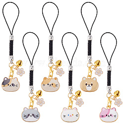 Cat Shape Alloy Enamel Pendant Decorations, Nylon Cord Hanging Decorations, Mixed Color, 100mm, 6 style, 2pcs/style, 12pcs/set(HJEW-AB00718)