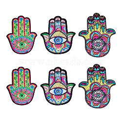 6pcs 3 style Computerized Embroidery Cloth Iron On Sequins Patches, Stick On Patch, Costume Accessories, Appliques, Hamsa Hand/Hand of Miriam with Evil Eye, Colorful, 232~278x203~210x1mm, 2pcs/style(PATC-AR0001-01)