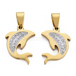 201 Stainless Steel Pendants, with Crystal Rhinestone and Stainless Steel Snap On Bails, Dolphin, Golden, 22x16x3mm, Hole: 4x8mm(STAS-N095-037G)