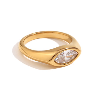 316L Stainless Steel with Cubic Zirconia Finger Rings, Horse Eye, Golden, Clear, US Size 6(16.5mm)