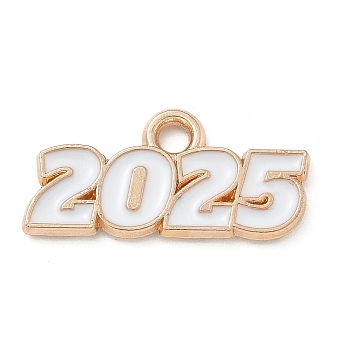 Alloy Enamel Pendants, Light Gold, Cadmium Free & Lead Free, Number 2025 Charm, White, 9x18x1.5mm, Hole: 1.8mm