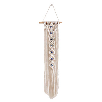 Cotton Cord Macrame Woven Tassel Wall Hanging, with  Resin Evil Eyes, Boho Style Hanging Ornament with Wood Sticks, for Home Decoration, Floral White, 650x200mm