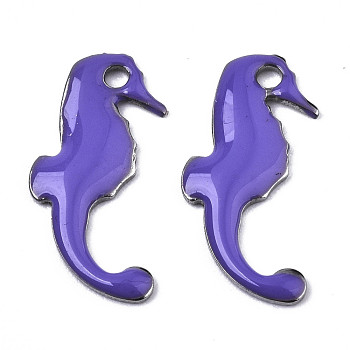 201 Stainless Steel Enamel Charms, Sea Horse, Stainless Steel Color, Medium Slate Blue, 15x7x1mm, Hole: 1.2mm