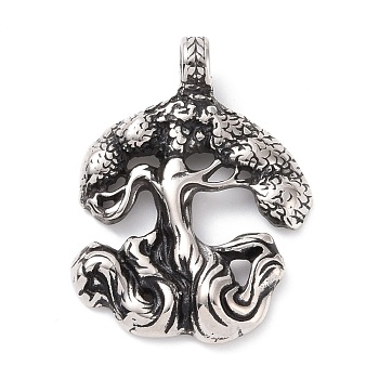 Tibetan Style 304 Stainless Steel Manual Polishing Big Pendants, Tree Charms, Antique Silver, 43x32x5.5mm, Hole: 5mm