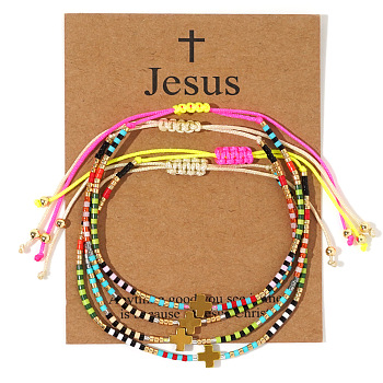 Summer Glass Seed Beaded Braided Bracelet Sets, Golden Plated Cross Synthetic Non-magnetic Hematite Charm Stackable Bracelets for Women Men