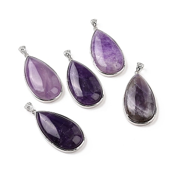 Natural Amethyst Big Pendants, Teardrop Charms, with Platinum Brass Findings, Cadmium Free & Lead Free, 50~50.5x27x9.5~10mm, Hole: 6.5x4.5mm