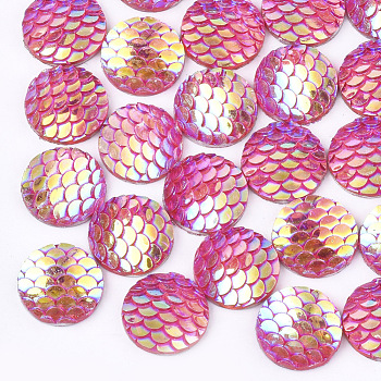 Resin Cabochons, AB-Color, Flat Round with Mermaid Fish Scale, Deep Pink, 12x3mm