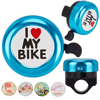 I Love My Bike Alloy Bicycle Bells, with Plastic Finding & Resin Sticker, Bicycle Accessories, Round, Dodger Blue, 54x69x53mm