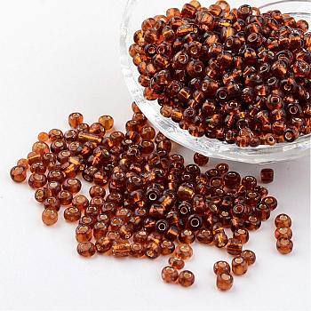 6/0 Round Silver Lined Round Hole Glass Seed Beads, Brown, 4mm, Hole: 1.5mm, about 496pcs/50g