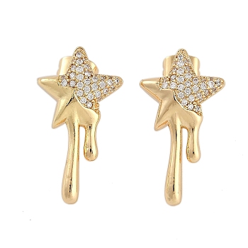 Brass Clear Cubic Zirconia Stud Earrings for Women, Long-Lasting Plated, Star, Real 18K Gold Plated, 25x13.5mm