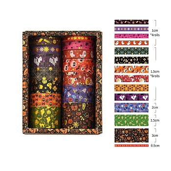 14 Rolls Halloween Theme Paper Decorative Paper Tapes Set, Adhesive Tapes, for DIY Scrapbooking Supplie Gift Decoration, Mixed Color, 5~30x0.2mm, 2m/roll