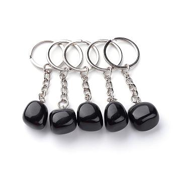 Natural Obsidian Keychain, with Iron Findings, Platinum, 85~94mm