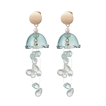 Glass Jellyfish with Shell Pearl Beaded Dangle Stud Earrings, Golden Brass Long Drop Earrings for Women, Aqua, 74~76mm, Pin: 0.7mm