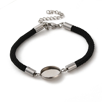 Milan Cord & 304 Stainless Steel Bracelets Making, with Round Tray, Black, Tray: 14mm, 7-1/4 inch(18.5cm)