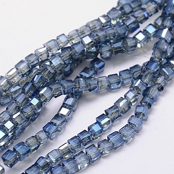 Electroplate Glass Bead Strands, Full Rainbow Plated, Faceted, Cube, Cornflower Blue, 4x4x4mm, Hole: 1mm, about 98pcs/strand, 15.7 inch