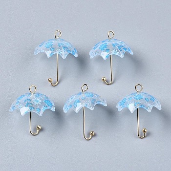 Printed Acrylic Pendants, with Golden Plated Brass Findings, 3D Umbrella with Flower Pattern, Light Sky Blue, 22~24x18x18mm, Hole: 1.2~1.8mm
