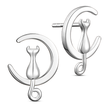SHEGRACE Unique Design Rhodium Plated 925 Sterling Silver Stud Earrings, Half Hoop Earrings, with Kitten and Moon, Platinum, 18.14x13mm