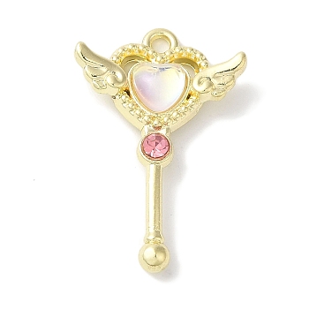 Rack Plating Alloy Pendants, with Glass and Rhinestone, Cadmium Free & Nickel Free & Lead Free, Heart, Golden, Pink, 26x17x4mm, Hole: 1.6mm