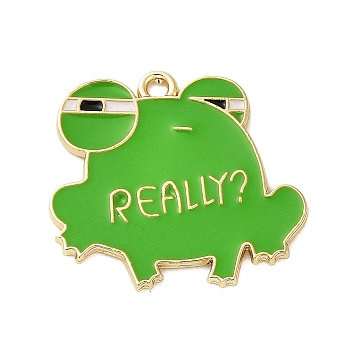 Zinc Alloy Enamel Pendants, Cadmium Free & Nickel Free & Lead Free, Gloden, Frog with Word Really Charm, Lime Green, 23x24.5x1mm, Hole: 1.4mm