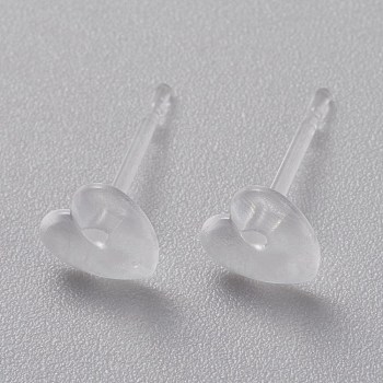 Eco-Friendly Plastic Stud Earrings, Heart, Clear, 5.5x6x1.5mm, Pin: 0.8mm