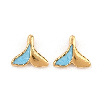 304 Stainless Steel Enamel Pendants, Fishtail Charms, Ion Plating(IP), Real 18K Gold Plated, Light Blue, 13x15.5x4.5mm, Hole: 1.5mm