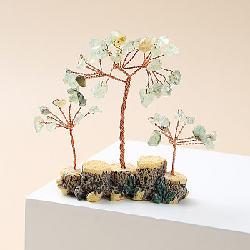 Natural Prehnite Chips Tree of Life Decorations, Mini Resin Stump Base with Copper Wire Feng Shui Energy Stone Gift for Home Office Desktop Decoration, 80x80~100mm