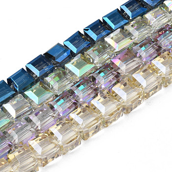 Electroplate Transparent Glass Beads Strands, AB Color Plated, Faceted, Cube, Mixed Color, 7x7x7mm, Hole: 1.4mm, about 100pcs/strand, 26.77 inch(68cm)