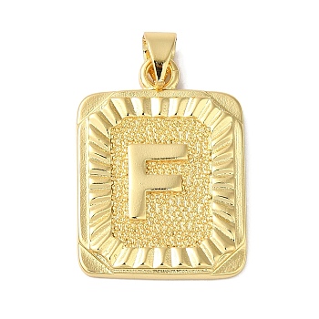 Rack Plating Brass Pendants, Long-Lasting Plated, Lead Free & Cadmium Free, Square with Letter Charms, Letter F, 24x17x2.5mm, Hole: 4x3.5mm