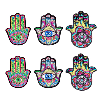6pcs 3 style Computerized Embroidery Cloth Iron On Sequins Patches, Stick On Patch, Costume Accessories, Appliques, Hamsa Hand/Hand of Miriam with Evil Eye, Colorful, 232~278x203~210x1mm, 2pcs/style